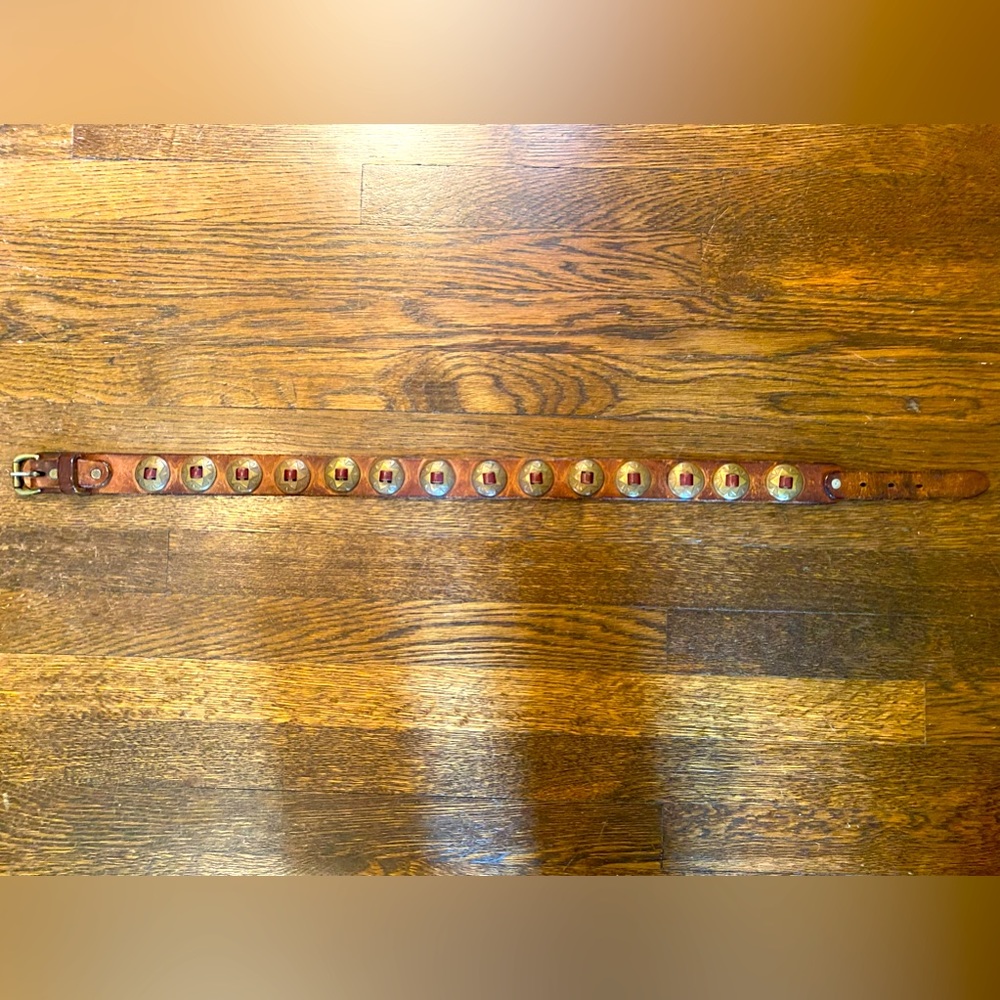 Vintage Cognac Leather Brass Conch Belt . Bought in Serendipity NY 1990. Size S